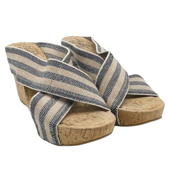 Lucky Brand Miller II Cross Strap Cork Wedge Blue Cream Stripe Women’s Size 9.5 - Picture 7 of 16